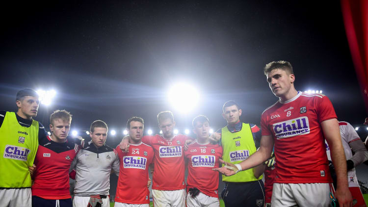 Ian Maguire addresses the Cork players following Saturday's Allianz Football League Division Three win over Offaly at Pairc Ui Chaoimh.