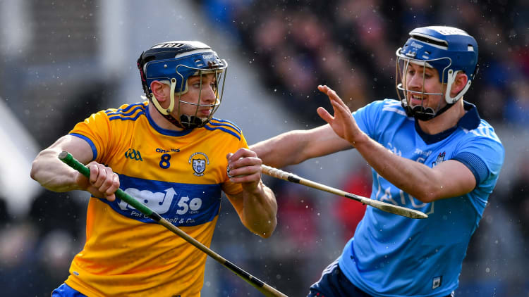 David McInerney, Clare, and Sean Moran, Dublin, in Allianz Hurling League action at Cusack Park.