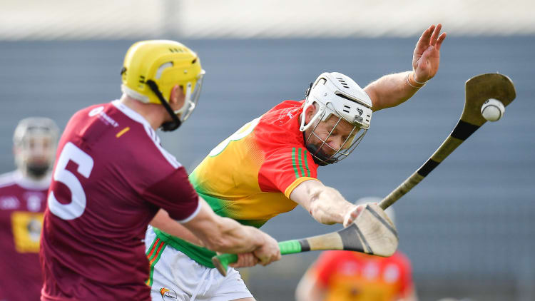 Jack Kavanagh of Carlow blocks Aaron Craig of Westmeath's attempted pass during the Allianz Hurling League Division 1 relegation play/off encounter.