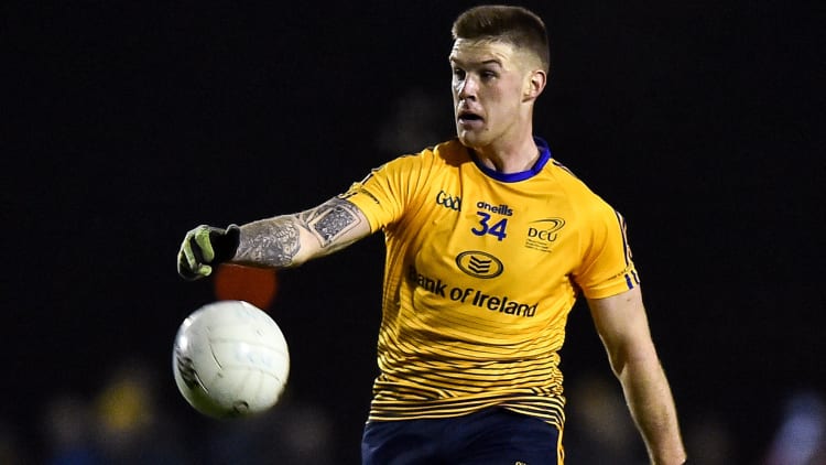 Shane Carthy of DCU Dóchas Éireann kicks a point during the 2020 Sigerson Cup Semi-Final match between DCU Dóchas Éireann and UCD at Dublin City University Sportsgrounds in Glasnevin, Dublin.