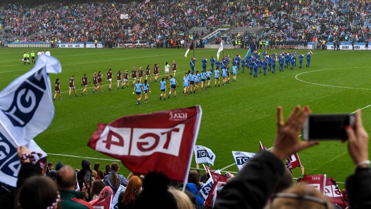Dublin and Galway teams march behind the Artane Band before the TG4 All-Ireland Ladies Football Senior Championship Final match between Dublin and Galway at Croke Park in Dublin.
