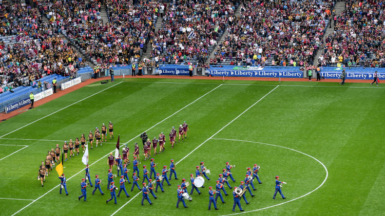 The Artane Band leads both sides through the pre-match parade ahead of the 2019 Liberty Insurance All-Ireland Senior Camogie Championship Final match between Galway and Kilkenny at Croke Park in Dublin.