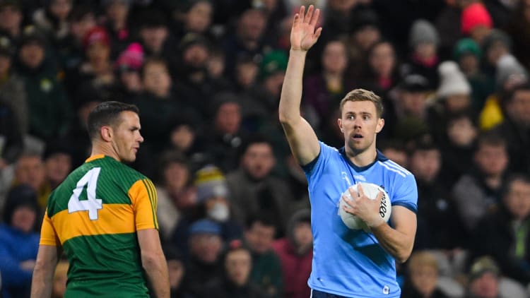 Paul Mannion of Dublin calls for a mark during the 2020 Allianz Football League Division 1 Round 1 match between Dublin and Kerry at Croke Park in Dublin.
