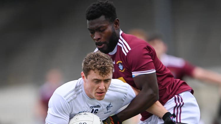Jimmy Hyland of Kildare is tackled by Boidu Sayeh of Westmeath during the Allianz Football League Division 2 Round 7 match between Kildare and Westmeath at St Conleth's Park in Newbridge, Kildare.
