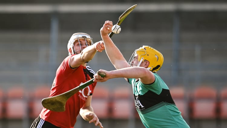 Sean Kelly, Derry, and Eoghan Sands, Down, during the recent Allianz Hurling League Division 2B Final.