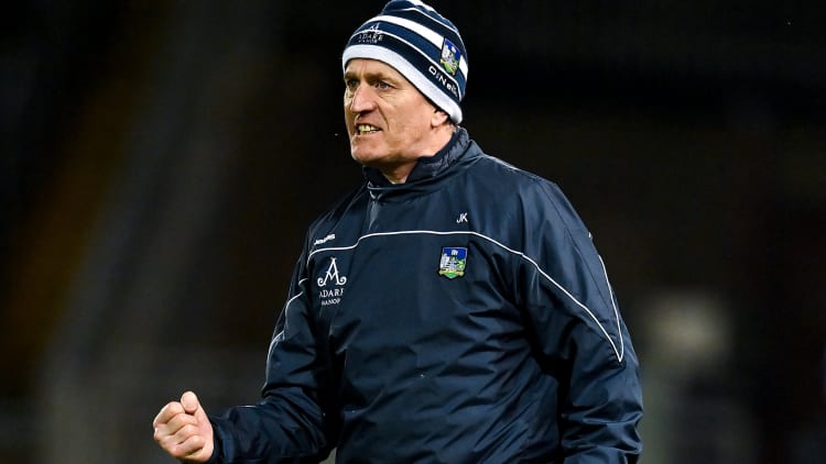 Limerick manager, John Kiely, celebrates near the end of his team's Munster SHC Final victory over Waterford.