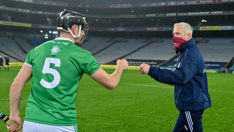 Galway manager Shane O'Neill congratulates Limerick's Diarmaid Byrnes following the All Ireland SHC semi-final at Croke Park.