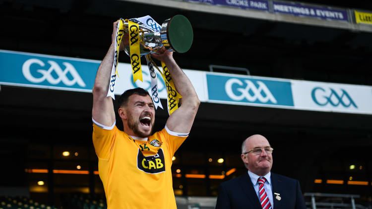Conor McCann lifts the Joe McDonagh Cup at Croke Park.