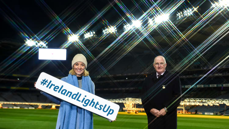 Presenter Kathryn Thomas and Uachtarán Chumann Lúthchleas Gael John Horan during the launch of Ireland Lights Up 2021 in partnership with RTÉ’s Operation Transformation and Get Ireland Walking at Croke Park.