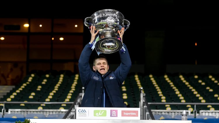 Dublin manager Dessie Farrell pictured holding the Sam Maguire Cup.