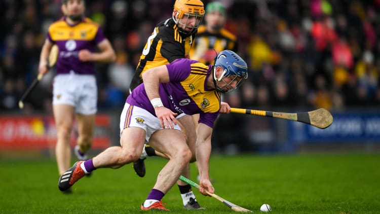 Kevin Foley of Wexford is tackled by Billy Ryan of Kilkenny during the 2020 Allianz Hurling League Division 1 Group B Round 3 match between Wexford and Kilkenny at Chadwicks Wexford Park in Wexford.
