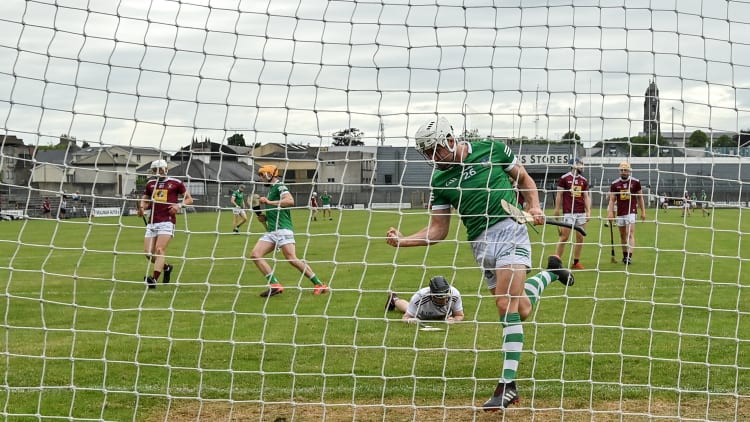 Pat Ryan of Limerick celebrates after scoring his side's third goal during the Allianz Hurling League Division 1 Group A Round 5 match between Westmeath and Limerick at TEG Cusack Park in Mullingar, Westmeath.