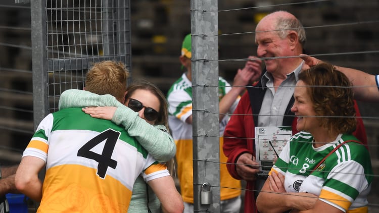 Niall Darby of Offaly hugs his girlfriend Nicola O'Connor following the Leinster GAA Football Senior Championship Round 1 match between Louth and Offaly at Páirc Tailteann in Navan, Meath.