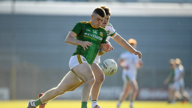Eoghan Frayne of Meath in action against John Furlong of Offaly during the Electric Ireland Leinster GAA Football Minor Championship Final match between Meath and Offaly at TEG Cusack Park in Mullingar, Westmeath.