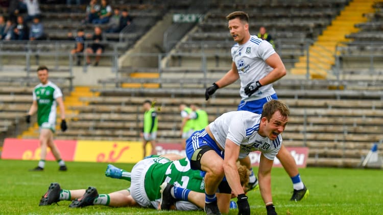 Jack McCarron of Monaghan, centre, celebrates after scoring his side's goal during the Ulster GAA Football Senior Championship Quarter-Final match between Monaghan and Fermanagh at St Tiernach’s Park in Clones, Monaghan.