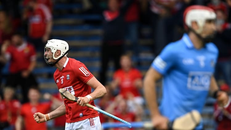 Tim O'Mahony celebrates after scoring a goal for Cork against Dublin.