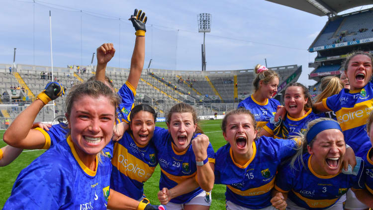 Wicklow players celebrate after their side's victory in the TG4 All-Ireland Ladies Junior Football Championship Final match between Antrim and Wicklow at Croke Park in Dublin.