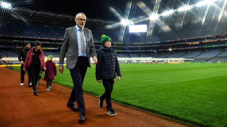 Uachtarán Chumann Lúthchleas Gael Larry McCarthy with Danny Byrne, age 10, from Thomas Davis GAA during the Launch of Ireland Lights Up 2022 in partnership with RTÉ’s Operation Transformation and Get Ireland Walking at Croke Park in Dublin.