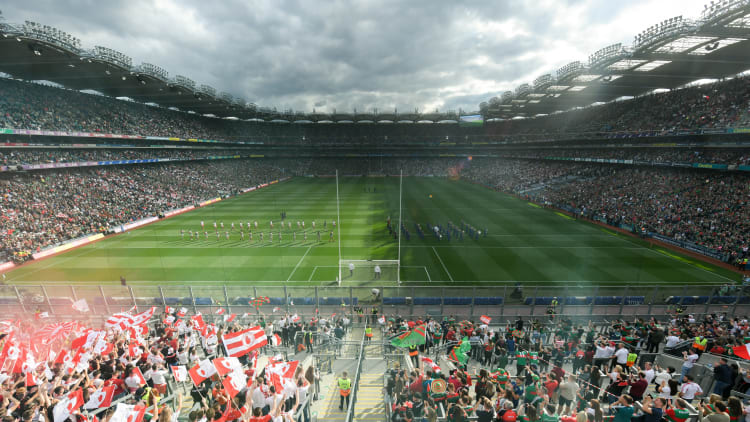 A general view of Croke Park during the pre-match parade before the 2021 GAA Football All-Ireland Senior Championship Final match between Mayo and Tyrone at Croke Park in Dublin.