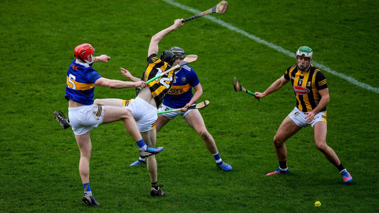 Kilkenny's Tom Phelan and Paddy Deegan battle for possession with Tipperary's Dillon Quirke and Alan at Semple Stadium.
