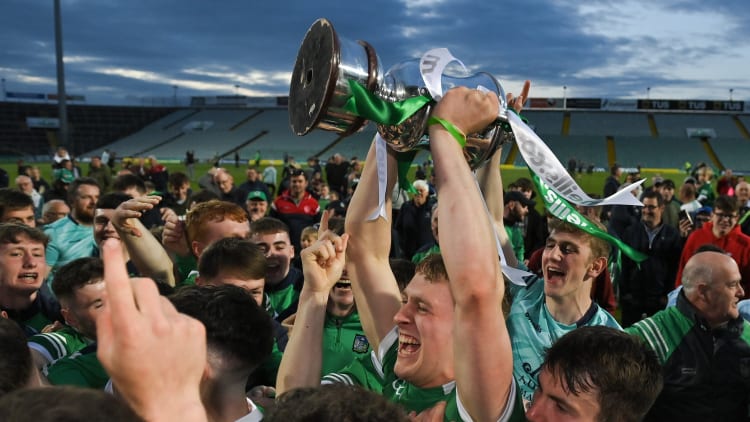 Limerick captain Jimmy Quilty and teammates celebrate with the trophy after their side's victory in oneills.com Munster GAA Hurling U20 Championship Final match between Limerick and Tipperary at TUS Gaelic Grounds in Limerick.