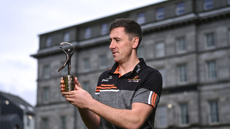 PwC GAA/GPA Player of the Month for April in hurling, Diarmaid Byrnes of Limerick, with his award at Eyre Square in Galway.
