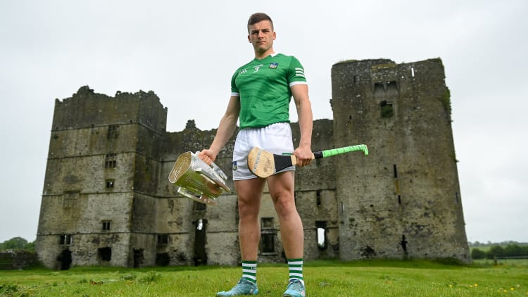 Mike Casey of Limerick poses for a portrait with the Liam MacCarthy Cup at Loughmore Castle during the GAA Hurling All-Ireland Senior Championship Series national launch in Tipperary