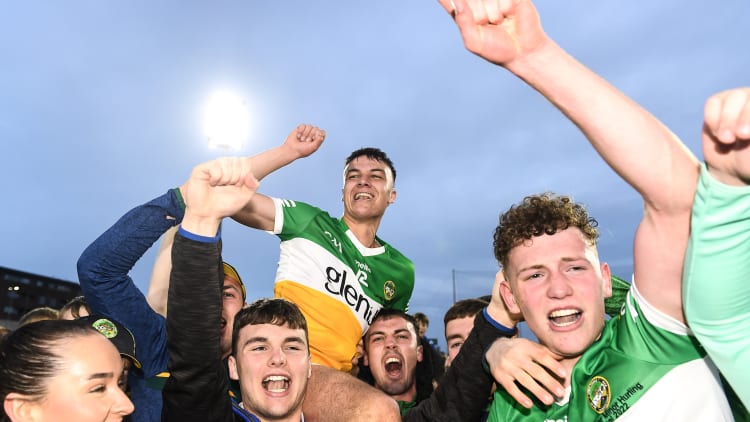 Conor Doyle, left, and Dan Ravenhill of Offaly celebrate after their side's victory in the Electric Ireland Leinster GAA Minor Hurling Championship Final match between Laois and Offaly at MW Hire O'Moore Park in Portlaoise, Laois.