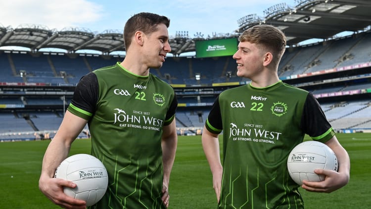 John West GAA Féile Ambassador and Mayo footballer Lee Keegan, left, and Killian Green of Whitehall Colmcille prior to the John West GAA Féile Peile na nÓg Gaelic football and Ladies football Finals 2022, which take place across nine venues in Kildare and Dublin on Saturday. Eighty-eight club sides from Ireland, the UK, Europe and US will compete.