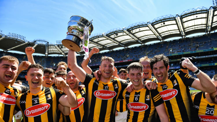 Kilkenny captain Mick Malone holds the cup aloft as he celebrates with teammates after their side's victory in the GAA Football All-Ireland Junior Championship Final match between Kilkenny and New York at Croke Park in Dublin.