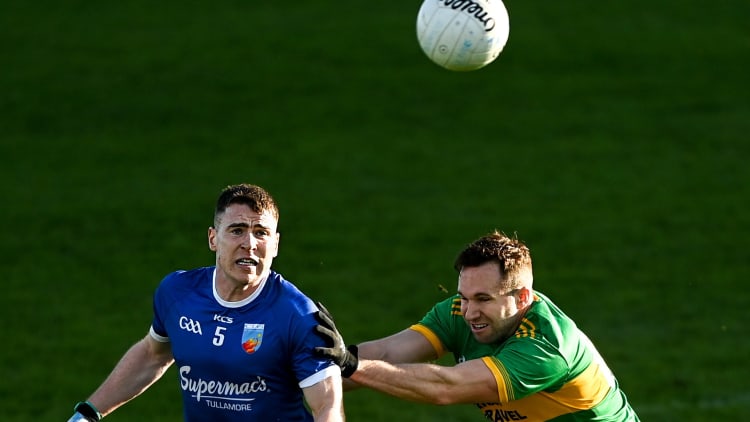 Kevin O'Brien, Tullamore, and Pauric Sullivan, Rhode, in action during the 2021 Offaly SFC Final.