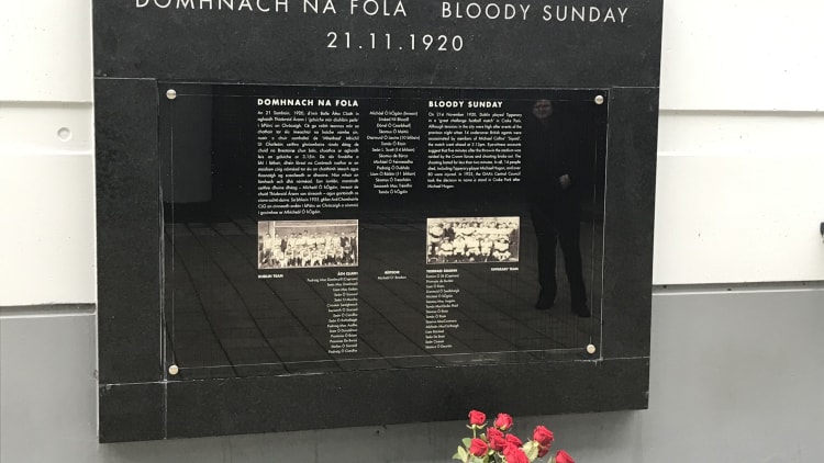 Flowers laid today at the Bloody Sunday memorial in Croke Park.