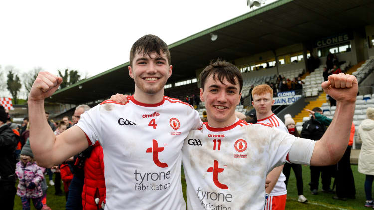 Matthew McCusker, left, and Darragh Canavan of Tyrone celebrate after the EirGrid Ulster GAA Football U20 Championship Final match between Tyrone and Donegal at St Tiernach's Park in Clones, Monaghan.