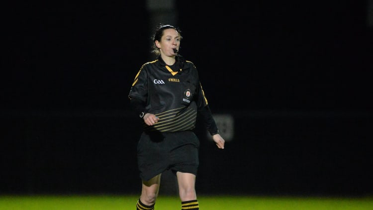 Maggie Farrelly pictured refereeing the 2016 Bank of Ireland Dr. McKenna Cup match between St. Mary's University and Fermanagh.