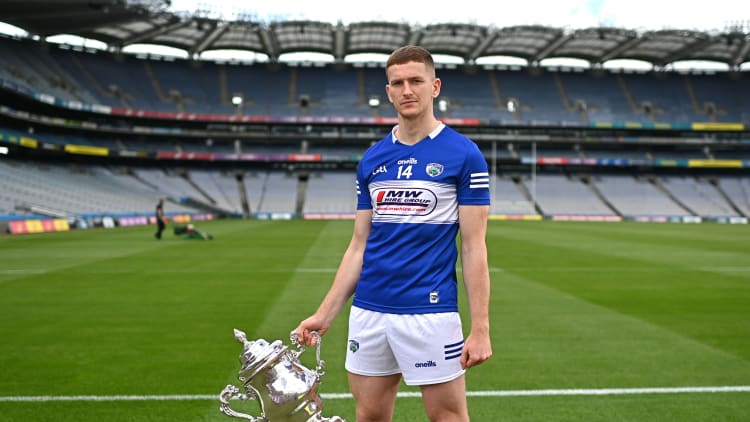 Evan O’Carroll of Laois poses for a portrait during the Tailteann Cup launch at Croke Park in Dublin.