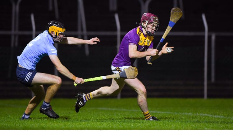 Sean O'Connor, Wexford, and Tommy Kinnane, Dublin, during the Bord Gais Energy Leinster Under 20 Hurling Championship Semi-Final.