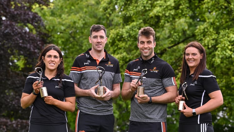 PwC GPA Players of the Month for April in camogie, Miriam Walsh (Kilkenny GAA) and in ladies football, Michelle Guckian (Leitrim GAA), alongside PwC GAA/GPA Hurler of the Month for April Diarmaid Byrnes (Limerick GAA) and in football, Paul Conroy (Galway GAA) with their awards today at PwC's Galway offices.