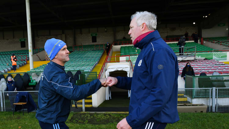 Tipperary manager Liam Sheedy, left, and Galway manager Shane O'Neill bump fists after the GAA Hurling All-Ireland Senior Championship Quarter-Final match between Galway and Tipperary at LIT Gaelic Grounds in Limerick.