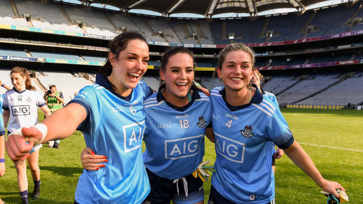Sinéad Goldrick, Emma McDonagh and Martha Byrne of Dublin celebrate following the TG4 All-Ireland Ladies Senior Football Championship Semi-Final match between Dublin and Cork at Croke Park in Dublin.