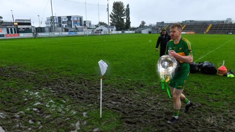 Rhode captain Niall Darby with the Dowling Cup after the Offaly County Senior Football Championship Final match between Rhode and Tullamore at Bord na Móna O'Connor Park in Tullamore, Offaly.