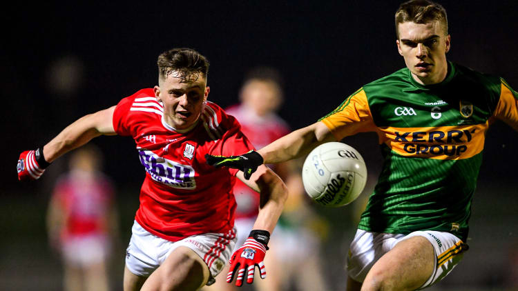 Aodhan O Luasa, Cork, and Dylan Casey, Kerry, during the EirGrid Munster Under 20 Football Final at Austin Stack Park.
