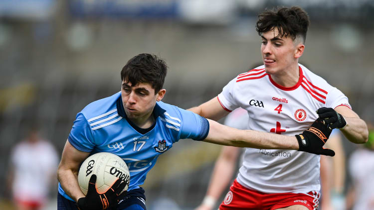 Brian O'Leary of Dublin in action against Matthew McCusker of Tyrone during the EirGrid GAA Football All-Ireland U20 Championship Semi-Final match between Dublin and Tyrone at Kingspan Breffni Park in Cavan.