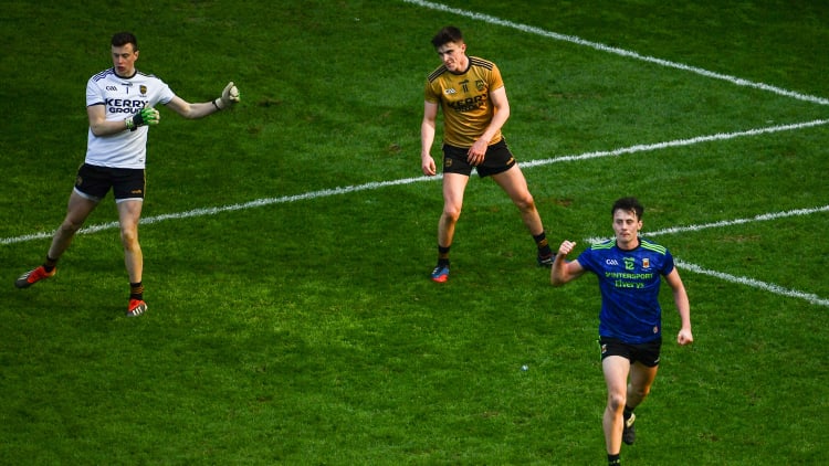 Diarmuid O'Connor celebrates after scoring Mayo's second goal against Kerry in the Allianz Football League Division 1 Final.
