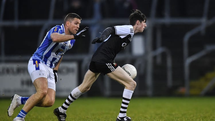 Eugene Branagan, Kilcoo, and Conal Keaney, Ballyboden St Enda's, during the AIB All Ireland Club Football Semi-Final at Kingspan Breffni.
