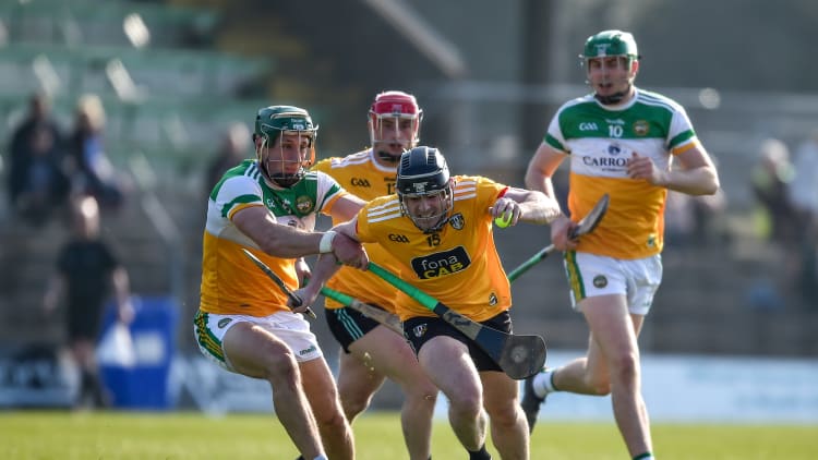 Ciarán Clarke, Antrim, and David King, Offaly, in Allianz Hurling League action at Páirc Tailteann.