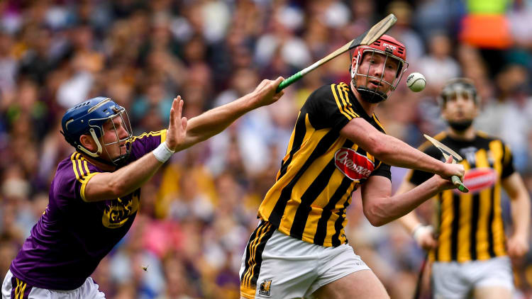 Kevin Foley of Wexford blocks a shot at goal by Adrian Mullen of Kilkenny during the 2019 Leinster GAA Hurling Senior Championship Final match between Kilkenny and Wexford at Croke Park in Dublin.