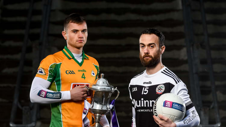 Corofin's Liam Silke and Kilcoo's Conor Laverty pictured ahead of the AIB All Ireland Club Senior Football Championship Final.