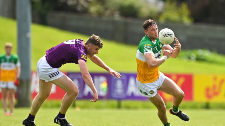 Jordan Hayes, Offaly, and Niall Hughes, Wexford, in Tailltean Cup action.