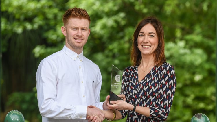 Aaron Byrne of Dublin is presented his EirGrid U21 Player of the Year award and his EirGrid U21 21 award for his outstanding contribution in the 2017 EirGrid GAA Football U21 Championship by Valerie Hedin, External Communications Manager, EirGrid.