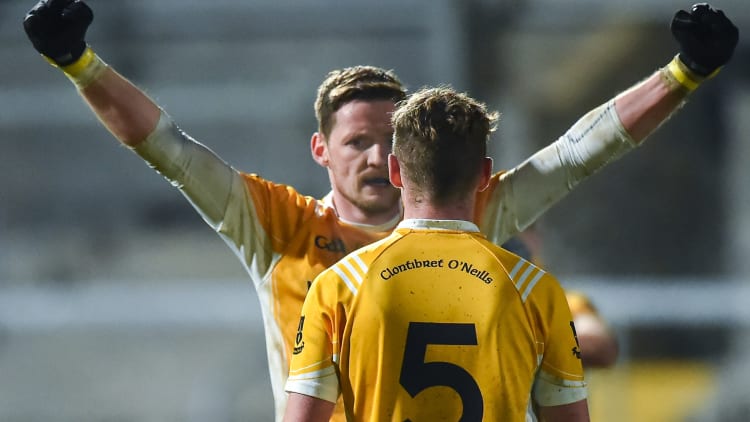 Conor McManus, left, and Jack Gormley of Clontibret O'Neills celebrate after the Ulster GAA Football Senior Club Championship Quarter-Final match between Crossmaglen Rangers and Clontibret O'Neills at Athletic Grounds in Armagh.